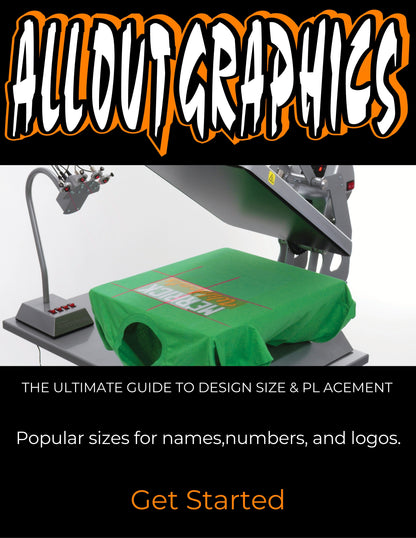 Recommended size(s) for each placement on Shirts, Seatshirts, Hats, Bags, and Sports Jerseys