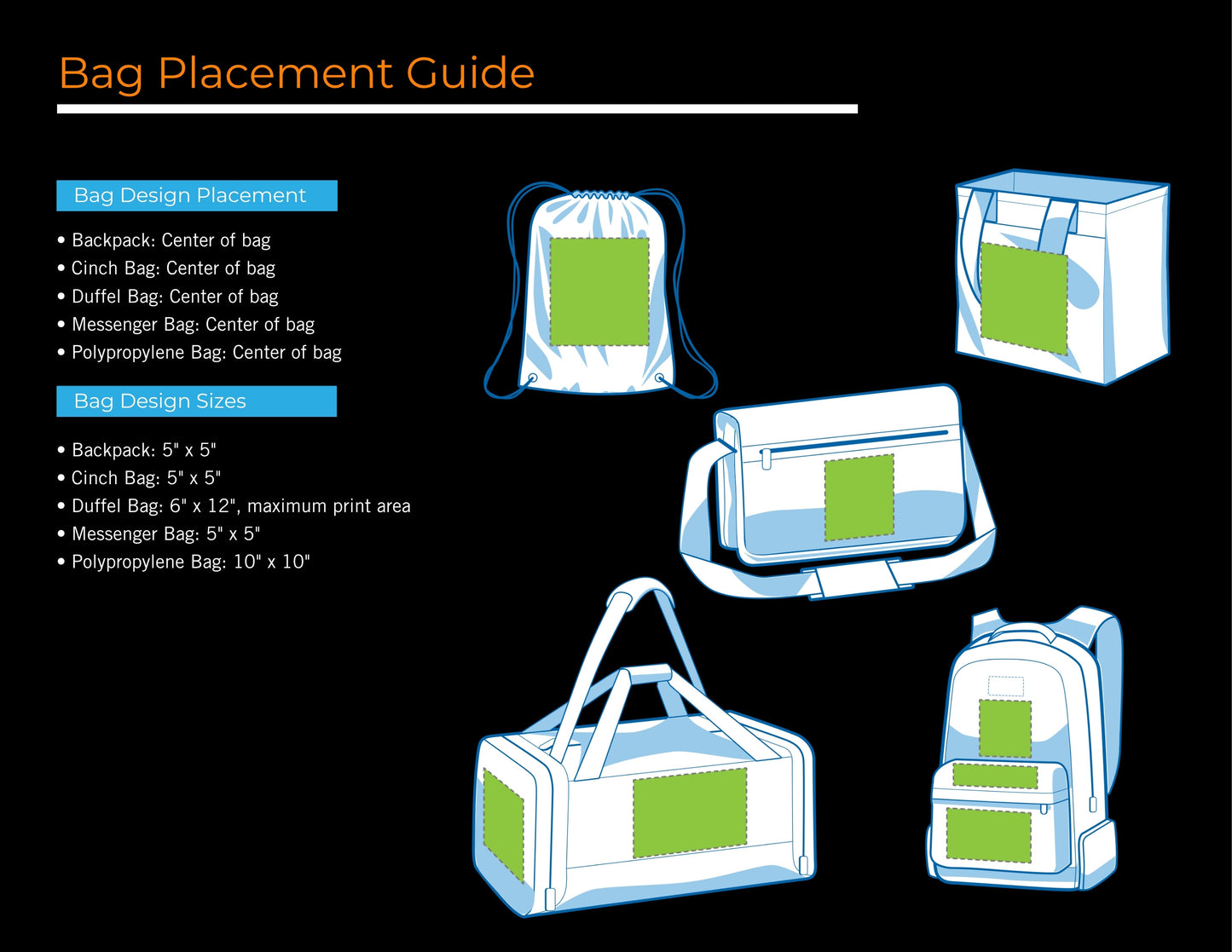 Recommended size(s) for each placement on Shirts, Seatshirts, Hats, Bags, and Sports Jerseys