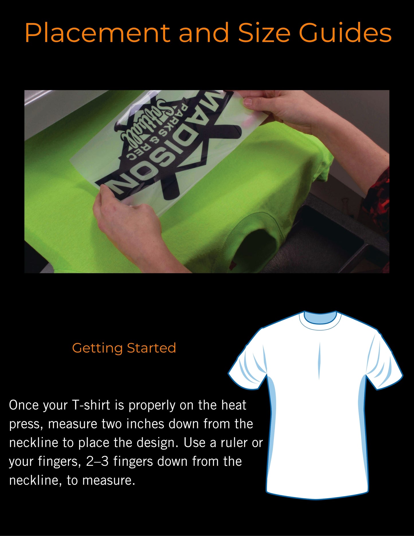 Recommended size(s) for each placement on Shirts, Seatshirts, Hats, Bags, and Sports Jerseys